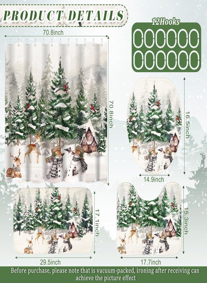 Harrycle 4 Pcs Christmas Shower Curtain Set for Bathroom Farmhouse Winter Vintage Shower Curtain with 12 Hook Rustic Bathroom Non Slip Rug Toilet Lid Cover, 70.8 x 70.8'' Waterproof(Forest Style) - Image 2