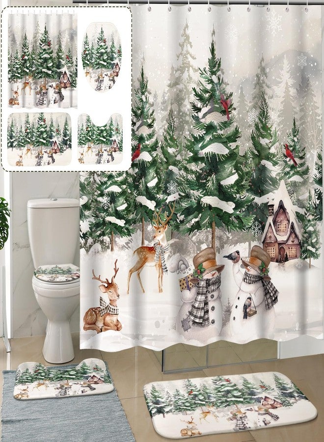 Harrycle 4 Pcs Christmas Shower Curtain Set for Bathroom Farmhouse Winter Vintage Shower Curtain with 12 Hook Rustic Bathroom Non Slip Rug Toilet Lid Cover, 70.8 x 70.8'' Waterproof(Forest Style) - Image 5