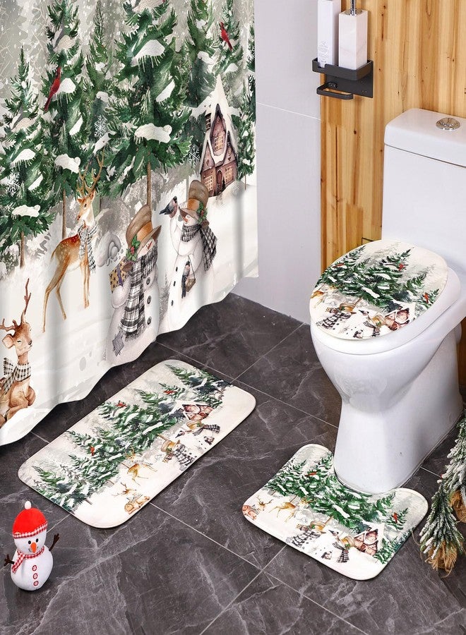 Harrycle 4 Pcs Christmas Shower Curtain Set for Bathroom Farmhouse Winter Vintage Shower Curtain with 12 Hook Rustic Bathroom Non Slip Rug Toilet Lid Cover, 70.8 x 70.8'' Waterproof(Forest Style) - Image 3