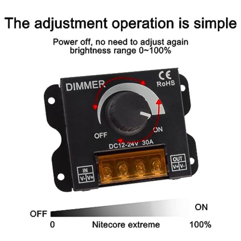 DC 12V-24V 30A LED Light Strip Dimmer، PWM Dimming Controller مع مقبض مفتاح تشغيل / إيقاف، علبة ألومنيوم لمصابيح شريط LED 5050 3528، ضبط السطوع بدقة، أسود - Image 3