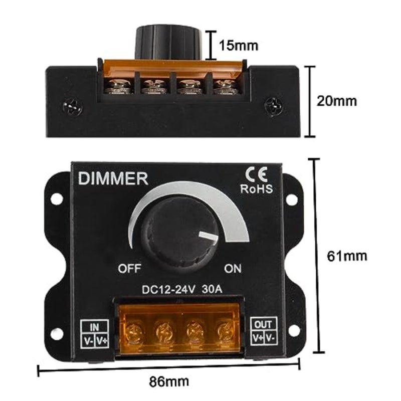 DC 12V-24V 30A LED Light Strip Dimmer، PWM Dimming Controller مع مقبض مفتاح تشغيل / إيقاف، علبة ألومنيوم لمصابيح شريط LED 5050 3528، ضبط السطوع بدقة، أسود - Image 2