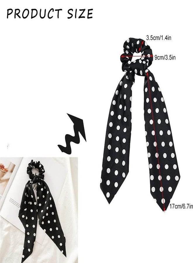 Minta Knotted Bow Hair Ties, Polka Print Hair Scarf Scruncheis, 2pcs Elastic Bands Satin Hair Ribbon, Hair Accessories for Women & Girls - Black & White - Image 3