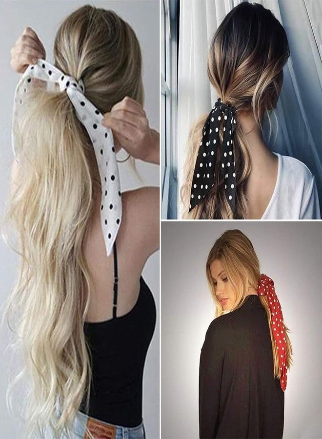 Minta Knotted Bow Hair Ties, Polka Print Hair Scarf Scruncheis, 2pcs Elastic Bands Satin Hair Ribbon, Hair Accessories for Women & Girls - Black & White - Image 4