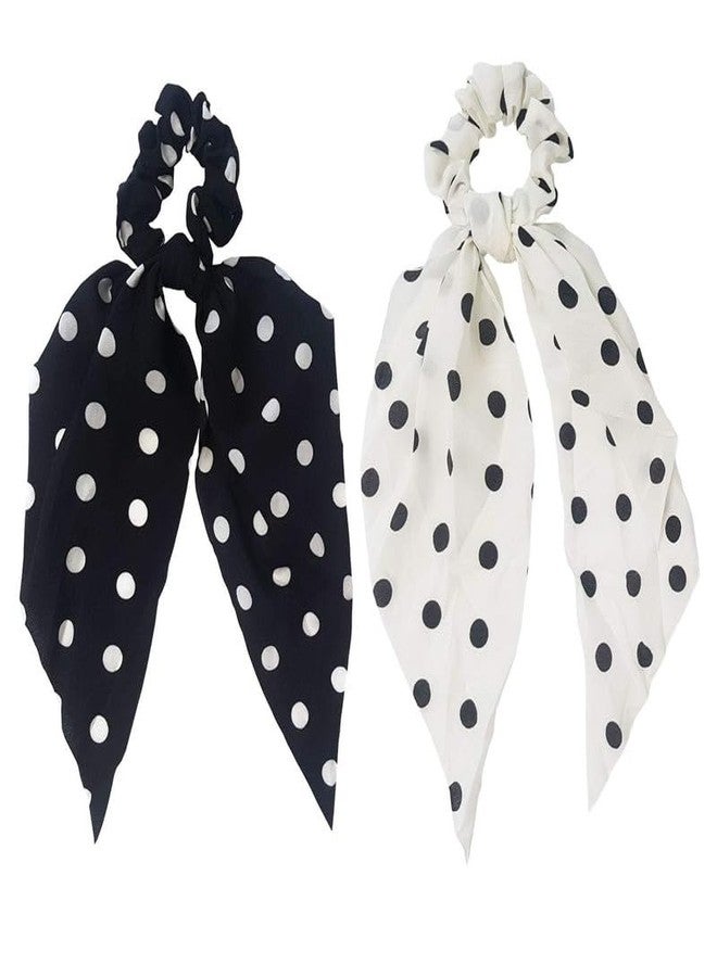 Minta Knotted Bow Hair Ties, Polka Print Hair Scarf Scruncheis, 2pcs Elastic Bands Satin Hair Ribbon, Hair Accessories for Women & Girls - Black & White - Image 1