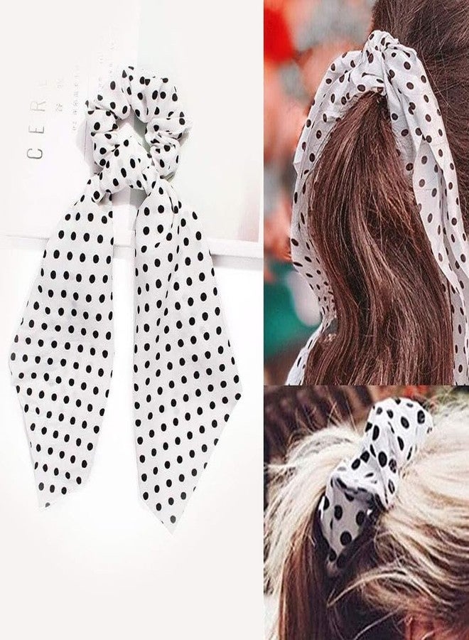 Minta Knotted Bow Hair Ties, Polka Print Hair Scarf Scruncheis, 2pcs Elastic Bands Satin Hair Ribbon, Hair Accessories for Women & Girls - Black & White - Image 2