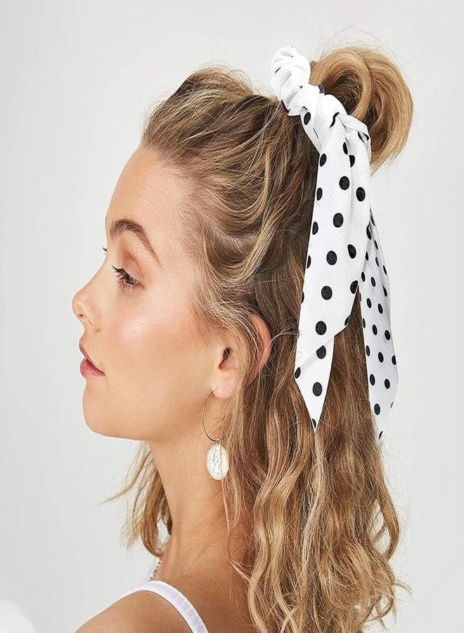 Minta Knotted Bow Hair Ties, Polka Print Hair Scarf Scruncheis, 2pcs Elastic Bands Satin Hair Ribbon, Hair Accessories for Women & Girls - Black & White - Image 5