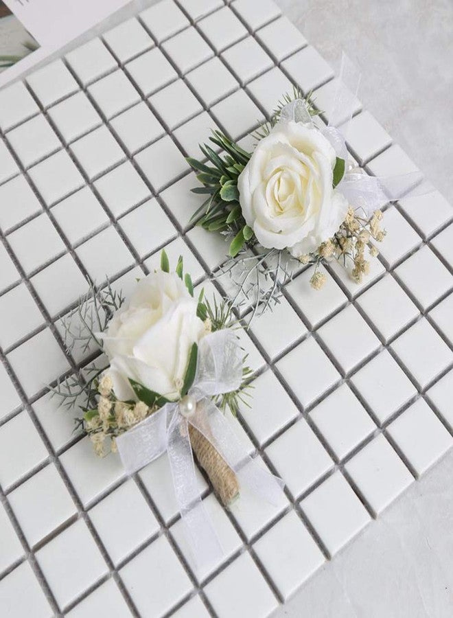 DearHouse 2Pcs Boutonniere Buttonholes Rose Corsage, Groom Groomsman Best Man and Girl Brides Rose Wedding Flowers Accessories Prom Suit Decoration - Image 3