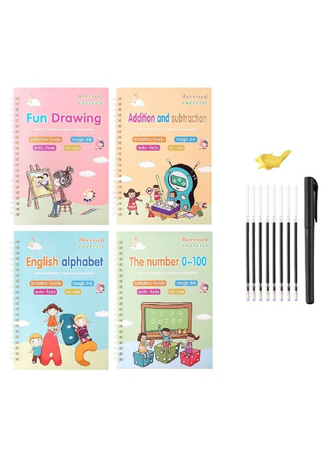 Magic Practice Books for Handwriting with Magic Pen and 8 Refills, Practice Copybook for kids, Reusable practice copybook, Fun Drawing, number tracing for kids 3-5, Practice Copybook for 6 year 4 PCS