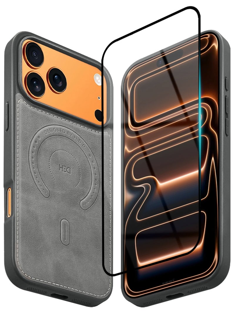 HDD Premium Leather Case and Screen Protector Compatible with iPhone 17 Pro Max, Slim MagSafe Shockproof Protective Cover with Metallic Camera Ring & Tactile Buttons – Grey - Image 2