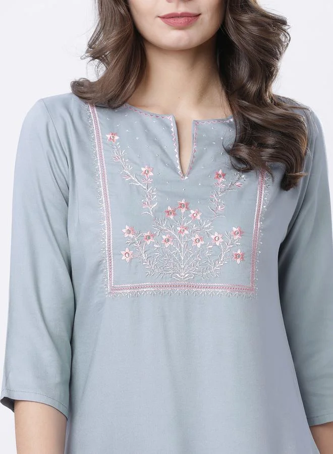 Vishudh Vishudh Women Grey Floral Yoke Design Thread Work Kurta