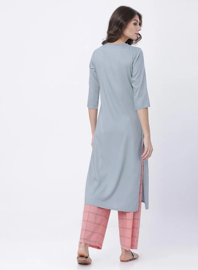 Vishudh Vishudh Women Grey Floral Yoke Design Thread Work Kurta