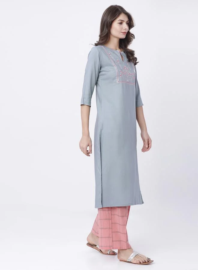 Vishudh Vishudh Women Grey Floral Yoke Design Thread Work Kurta