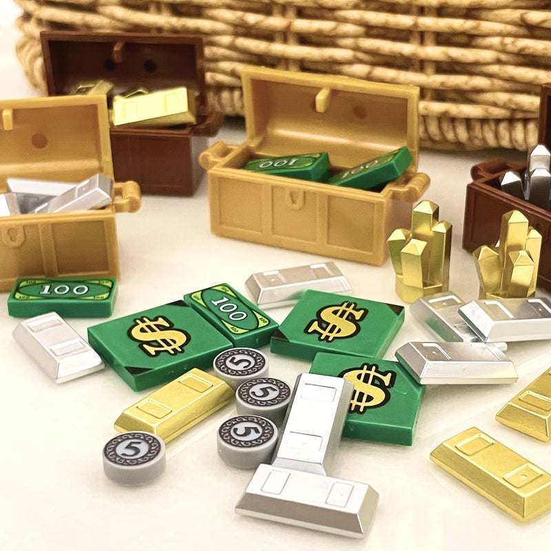 Unleash Your Creativity! 100 Dollar Bill Money Pattern Golden Silvery Cash MIX pirate Building Blocks sets Parts Treasure Chest Gemstone Bricks Toys Compatible Accessories Toys for Birthday Gift