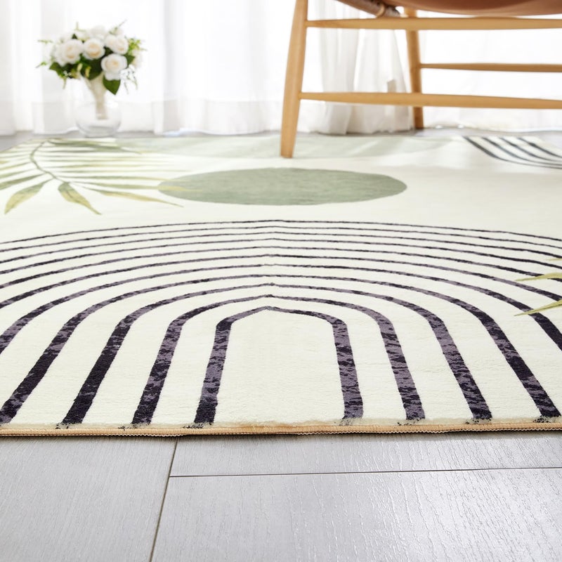 RoomTalks Mid Century Modern Washable Rug, Green Boho Cute Aesthetic 4x6 Area Rugs for Bedroom Dining Living Room Kitchen, Abstract Tropical Leaves Non Slip Thin Indoor Entryway Rug Throw Carpet - Image 4