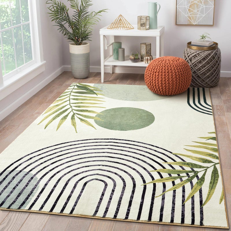 RoomTalks Mid Century Modern Washable Rug, Green Boho Cute Aesthetic 4x6 Area Rugs for Bedroom Dining Living Room Kitchen, Abstract Tropical Leaves Non Slip Thin Indoor Entryway Rug Throw Carpet - Image 1