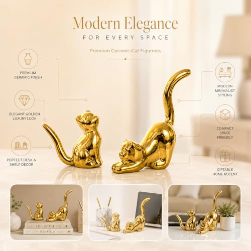 Street27 Home Decor Cat Statues, Modern Style Ceramic Golden Cat Figurine Statues for Home Decor Accents Living Room Office Table Bookshelf Desk Bedroom (2pcs Cute Cat) - Image 4
