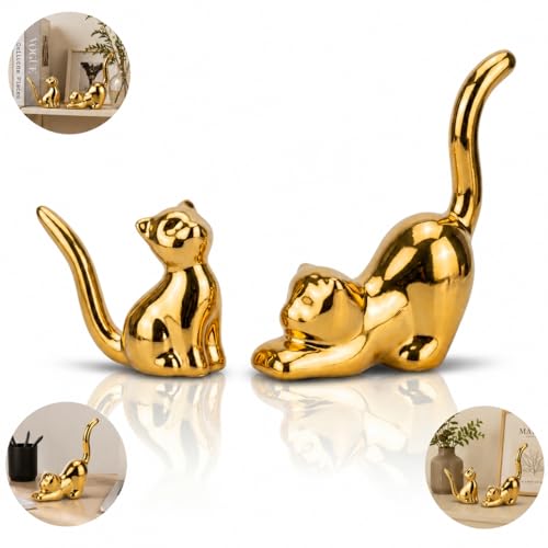 Street27 Home Decor Cat Statues, Modern Style Ceramic Golden Cat Figurine Statues for Home Decor Accents Living Room Office Table Bookshelf Desk Bedroom (2pcs Cute Cat) - Image 2