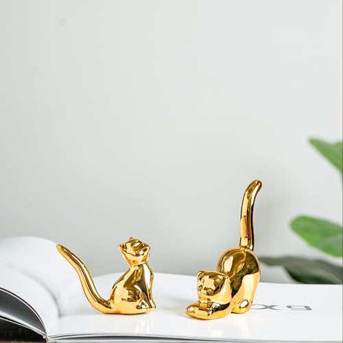 Street27 Home Decor Cat Statues, Modern Style Ceramic Golden Cat Figurine Statues for Home Decor Accents Living Room Office Table Bookshelf Desk Bedroom (2pcs Cute Cat) - Image 1