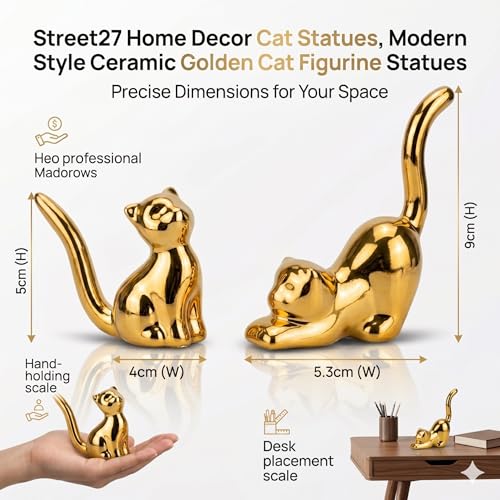 Street27 Home Decor Cat Statues, Modern Style Ceramic Golden Cat Figurine Statues for Home Decor Accents Living Room Office Table Bookshelf Desk Bedroom (2pcs Cute Cat) - Image 5