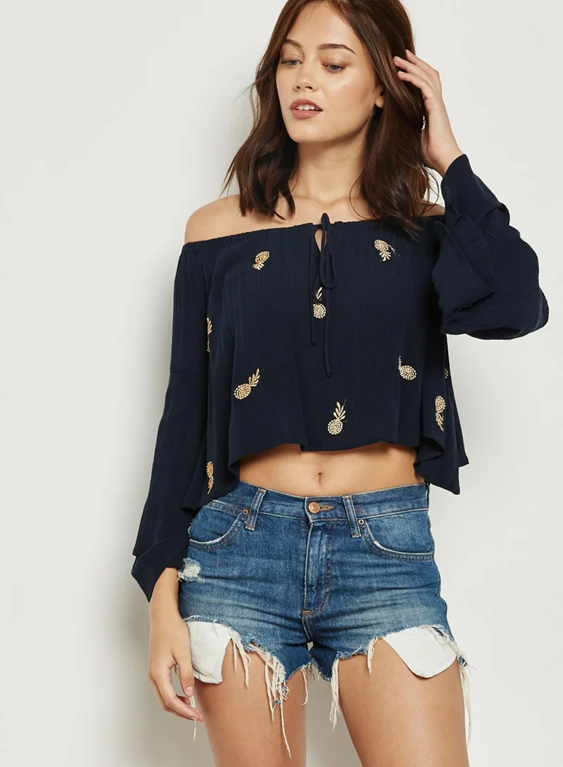 Missguided Pineapple Embroidered Bardot Top