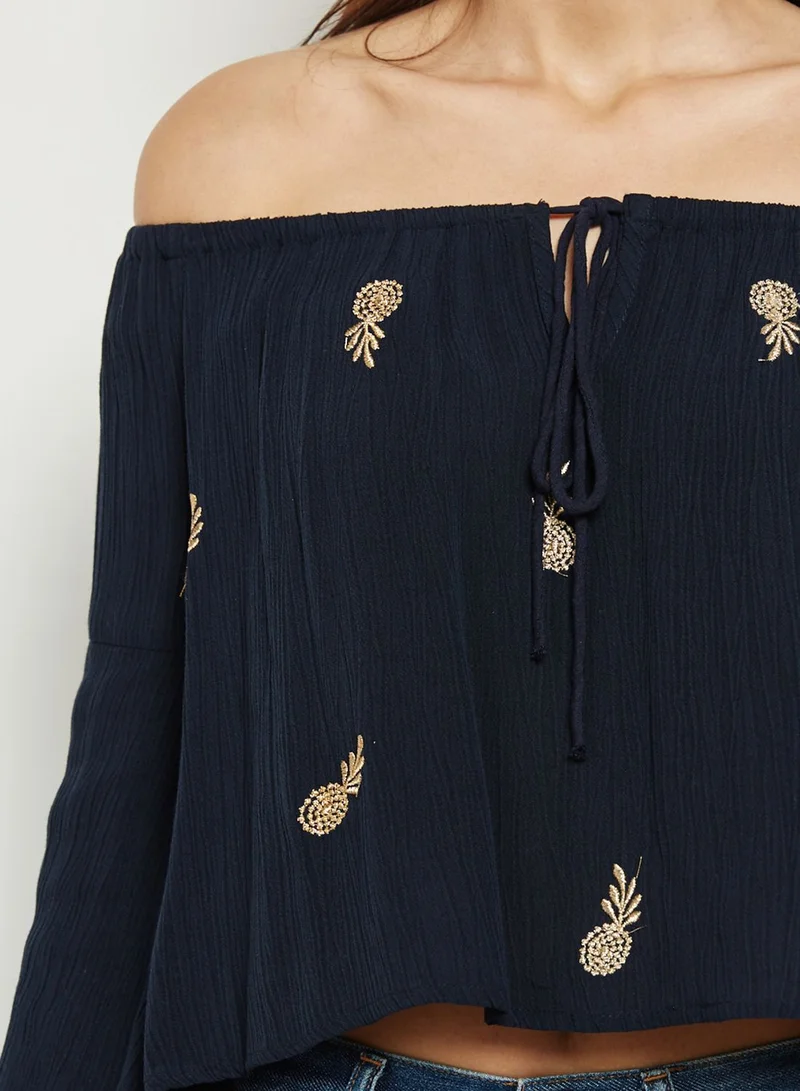 Missguided Pineapple Embroidered Bardot Top