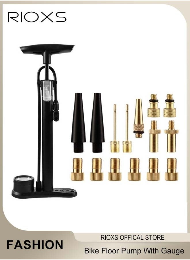 RIOXS Bike Floor Pump With Gauge,Universal High-pressure Inflatable Tube Pump,Bicycle Tire Pump With 15 Pcs Adapter Nozzle Accessories,Inflator For MTB BMX Tires, Balls, Balloons, Inflatables,Cycling Pumps For Indoor Outdoor Use  - Image 1