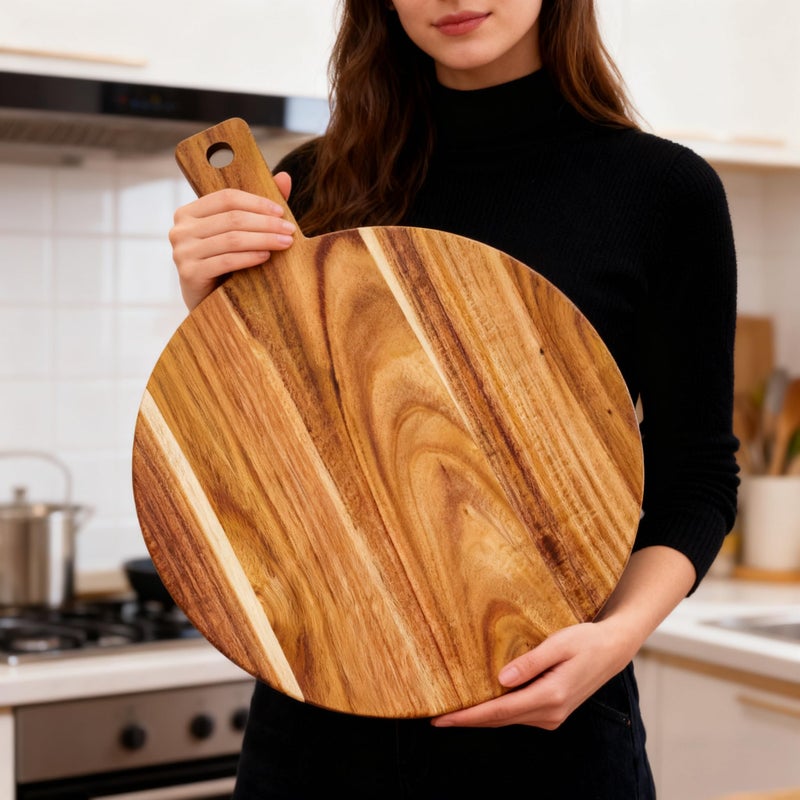 Zeqi 2 Pack Large Acacia Wood Cutting Board with Handle 17''X13'', Charcuterie Board, Serving Board, Chopping Board for Meat, Cheese, Bread, Vegetables & Fruits (Round & Square) - Image 5