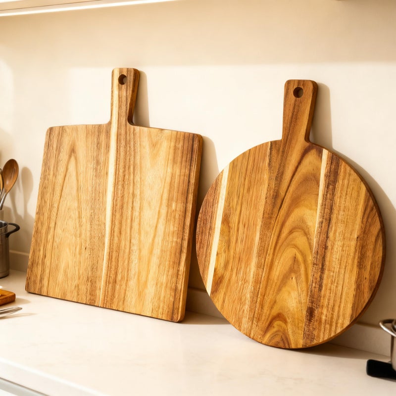 Zeqi 2 Pack Large Acacia Wood Cutting Board with Handle 17''X13'', Charcuterie Board, Serving Board, Chopping Board for Meat, Cheese, Bread, Vegetables & Fruits (Round & Square) - Image 1