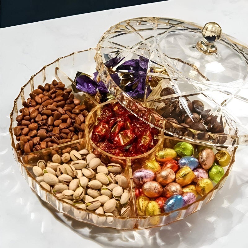 Multi Part Tasali Tray - Durable Acrylic Serving Plate with Lid, Perfect for Nuts, Candies, and Baked Treats, Dishwasher Safe, Perfect for Gatherings and Parties. (Round) - Image 1