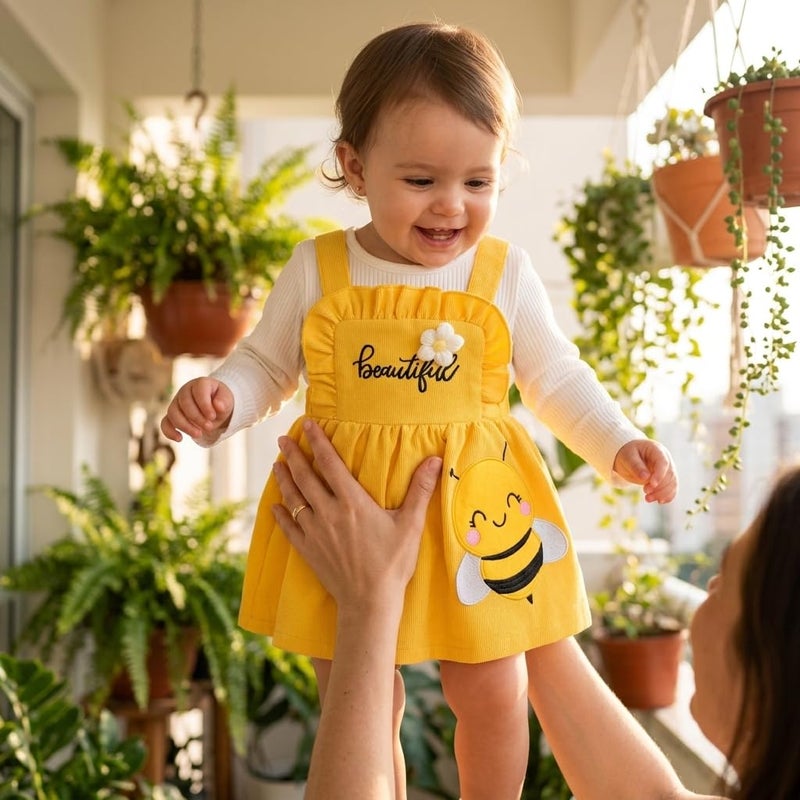 Baby Girl Bee Outfit Yellow Corduroy Suspender Skirt Ribbed Top Set Long Sleeve Spring Infant Clothes Gift - Image 3