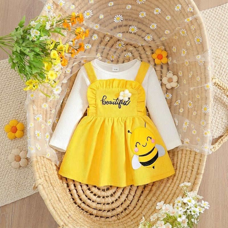 Baby Girl Bee Outfit Yellow Corduroy Suspender Skirt Ribbed Top Set Long Sleeve Spring Infant Clothes Gift - Image 1