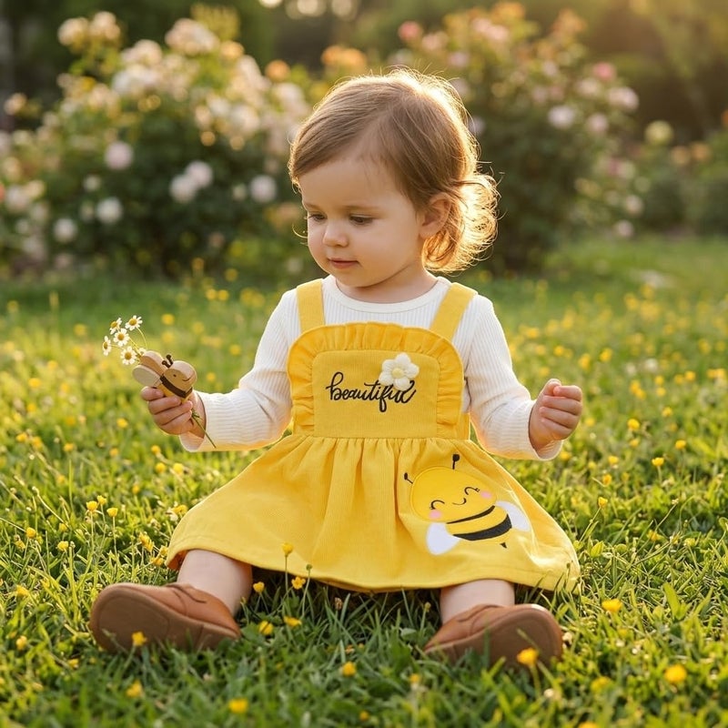 Baby Girl Bee Outfit Yellow Corduroy Suspender Skirt Ribbed Top Set Long Sleeve Spring Infant Clothes Gift - Image 2