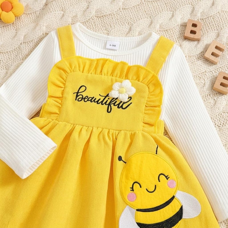 Baby Girl Bee Outfit Yellow Corduroy Suspender Skirt Ribbed Top Set Long Sleeve Spring Infant Clothes Gift - Image 4
