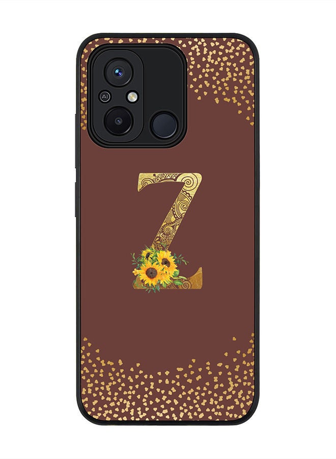 Stylizedd Rugged Black edge case for Xiaomi Redmi 12C 4G, Slim fit Soft Case Flexible Rubber Edges Anti Drop TPU Gel Thin Cover -  Custom Monogram Initial Letter Floral Pattern Alphabet - Z  (Brown ) - Image 1