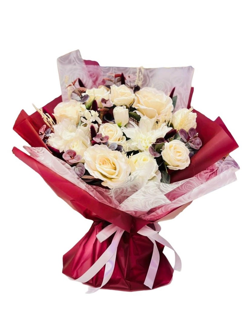 FLOWER A luxurious bouquet of cream and white roses in a romantic arrangement, wrapped in elegant burgundy paper with a satin ribbon. A perfect gift for special occasions and a refined touch that expresses care and love. - Image 1