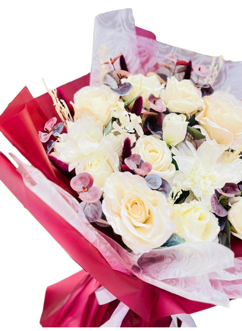 FLOWER A luxurious bouquet of cream and white roses in a romantic arrangement, wrapped in elegant burgundy paper with a satin ribbon. A perfect gift for special occasions and a refined touch that expresses care and love. - Image 2