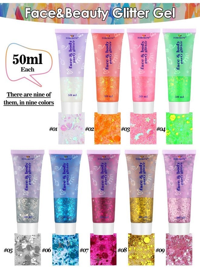 TOROKOM 9Colors Face Body Glitter Gel, TOROKOM Sparkling Holographic Face Glitter Gel Mermaid Cosmetic Glitters Flakes Gel Long Lasting Chunky Glitter for Valentine's Day Party Rave Eye Lip Hair Nail Body - Image 2