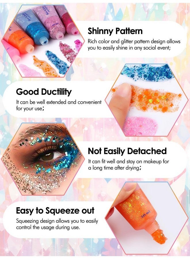 TOROKOM 9Colors Face Body Glitter Gel, TOROKOM Sparkling Holographic Face Glitter Gel Mermaid Cosmetic Glitters Flakes Gel Long Lasting Chunky Glitter for Valentine's Day Party Rave Eye Lip Hair Nail Body - Image 3