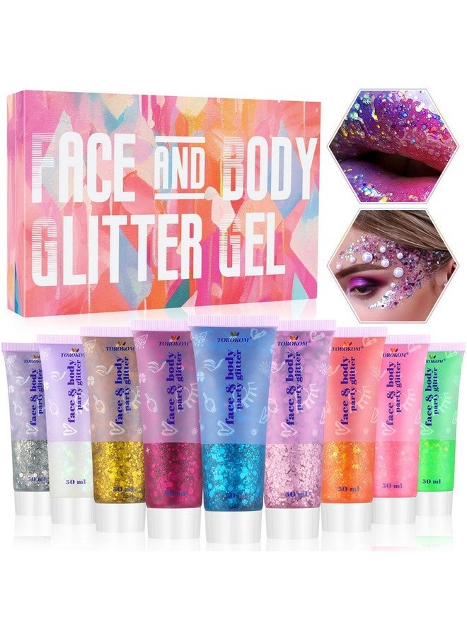 TOROKOM 9Colors Face Body Glitter Gel, TOROKOM Sparkling Holographic Face Glitter Gel Mermaid Cosmetic Glitters Flakes Gel Long Lasting Chunky Glitter for Valentine's Day Party Rave Eye Lip Hair Nail Body - Image 1