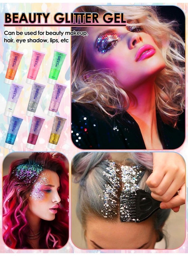 TOROKOM 9Colors Face Body Glitter Gel, TOROKOM Sparkling Holographic Face Glitter Gel Mermaid Cosmetic Glitters Flakes Gel Long Lasting Chunky Glitter for Valentine's Day Party Rave Eye Lip Hair Nail Body - Image 5