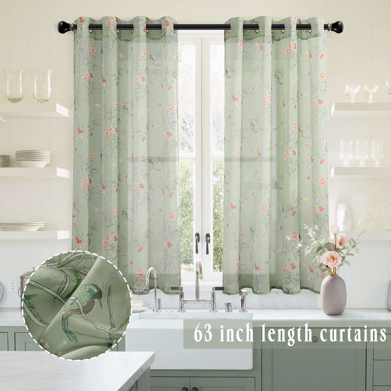 XTMYI Cottage Core Curtains for Kitchen, Nature Cottagecore French Country Farmhouse Green Vintage Bird Floral Sheer Panel for Bedroom Living Room Furniture Bathroom Decor, 63 Inch Length 2 Panels - Image 3
