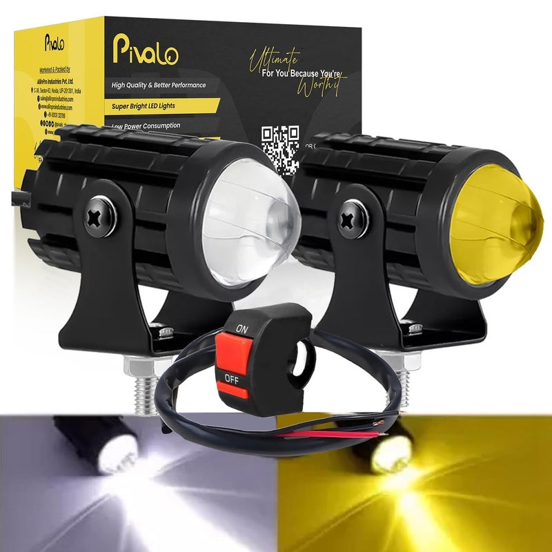 Pivalo مصباح ضباب دراجة Pivalo 12V DC فائق السطوع 18W هيكل معدني مقاوم للماء مصباح LED عالمي مع مفتاح مقود لجميع الدراجات النارية والسكوتر (مجموعة من 2، أصفر وأبيض) - Image 1