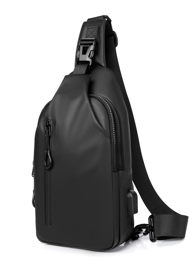 KHAJUL - Small Sling Bag, Lightweight Crossbody Backpack with USB Charger Port, Waterproof Sling Rucksack Bag for Men Women Multipurpose (Black) - Image 1