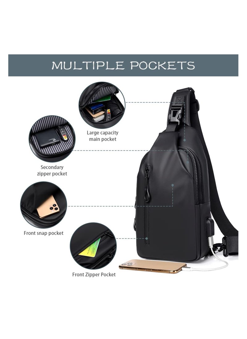 KHAJUL - Small Sling Bag, Lightweight Crossbody Backpack with USB Charger Port, Waterproof Sling Rucksack Bag for Men Women Multipurpose (Black) - Image 1