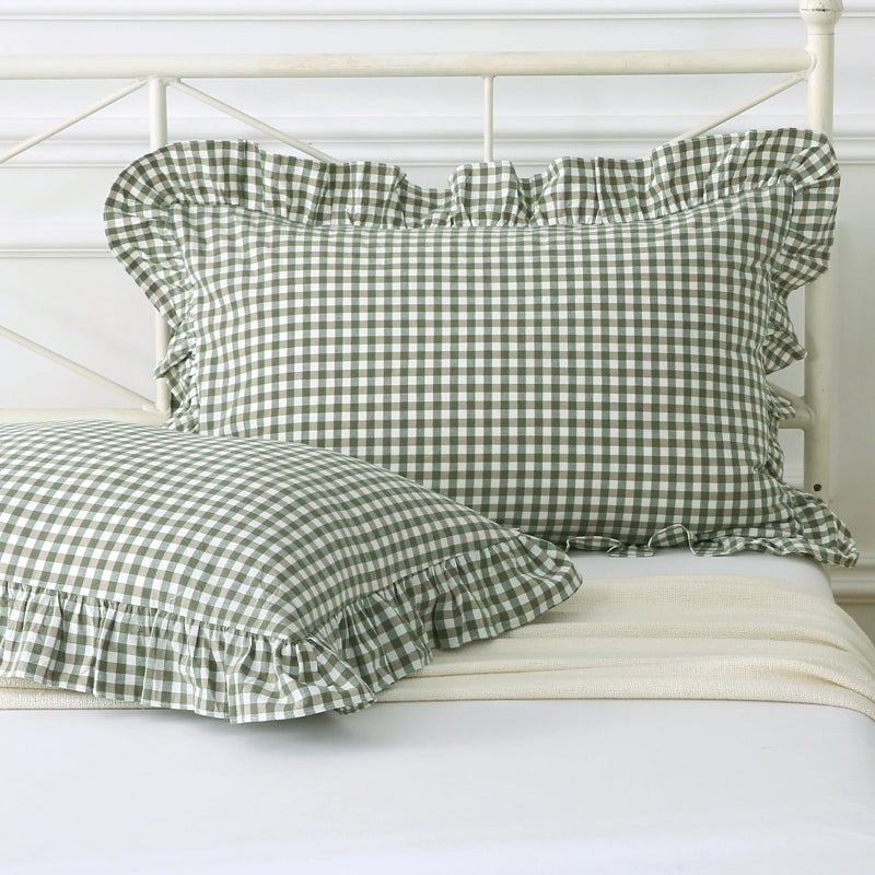 Silnuo Sage GreenWhite Plaid Ruffled Pillow Covers King Size Washed Cotton Shabby Checkered Gingham Pillow Shams Farmhouse Pillowcase Set of 220x36