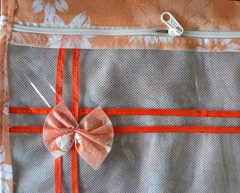 DIKHAWA Set of 12 Non Woven Flower Print Single Saree Cover Bag with Zip, Cloth Cover (Orange) - Image 3