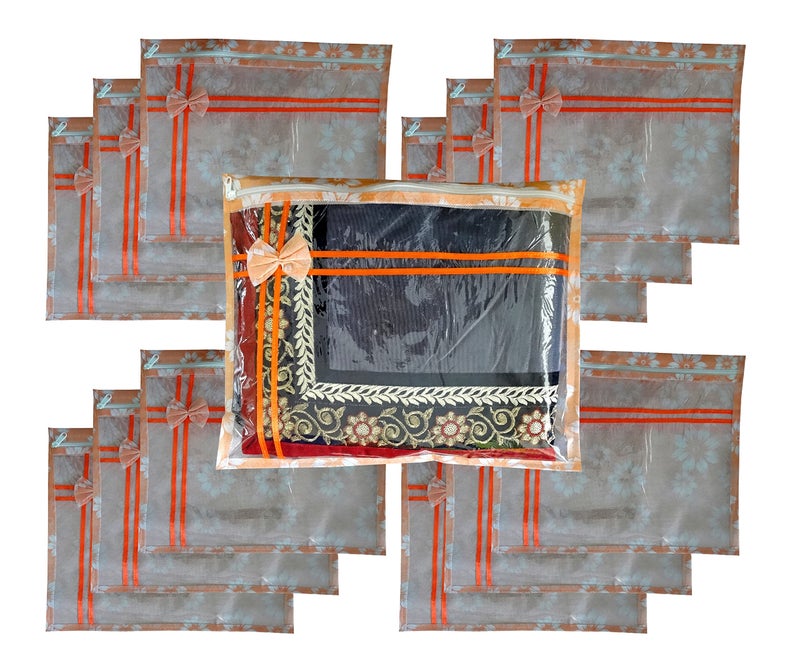DIKHAWA Set of 12 Non Woven Flower Print Single Saree Cover Bag with Zip, Cloth Cover (Orange) - Image 5