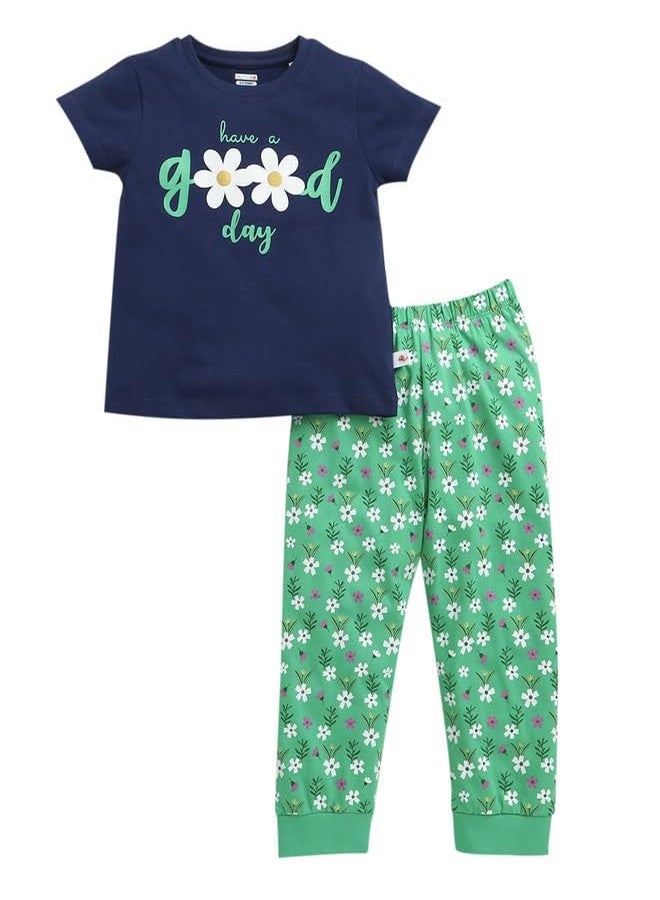 BUMZEE Girls Cotton Half Sleeves T-Shirt & Pyjama Set Mint Green & Navy - 12-18 Months (Peb10479D-nbl) - Image 1