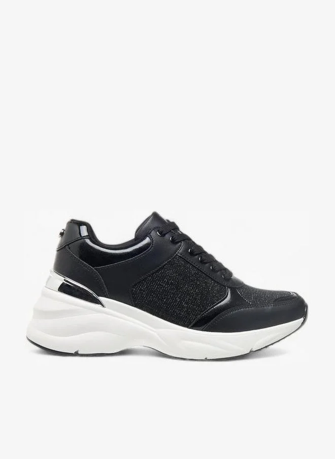 Flora Bella By Shoexpress BLACK Womens Glitter Embellished Sneakers With Lace-Up Closure for Women | Best Price UAE
