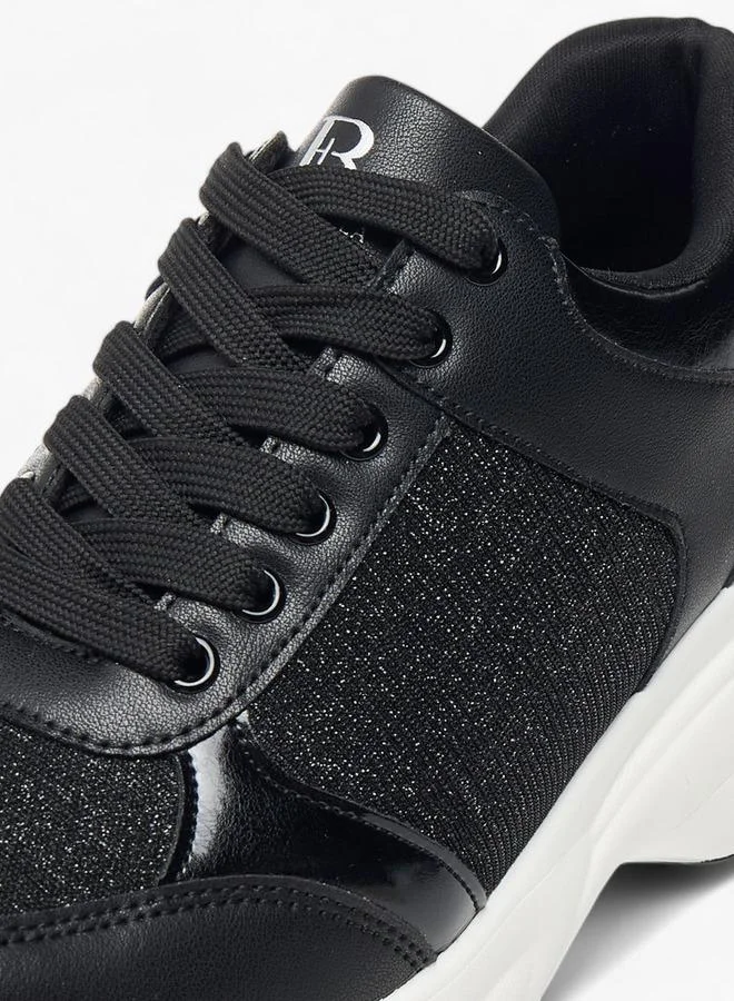 Flora Bella By Shoexpress BLACK Womens Glitter Embellished Sneakers With Lace-Up Closure for Women | Best Price UAE